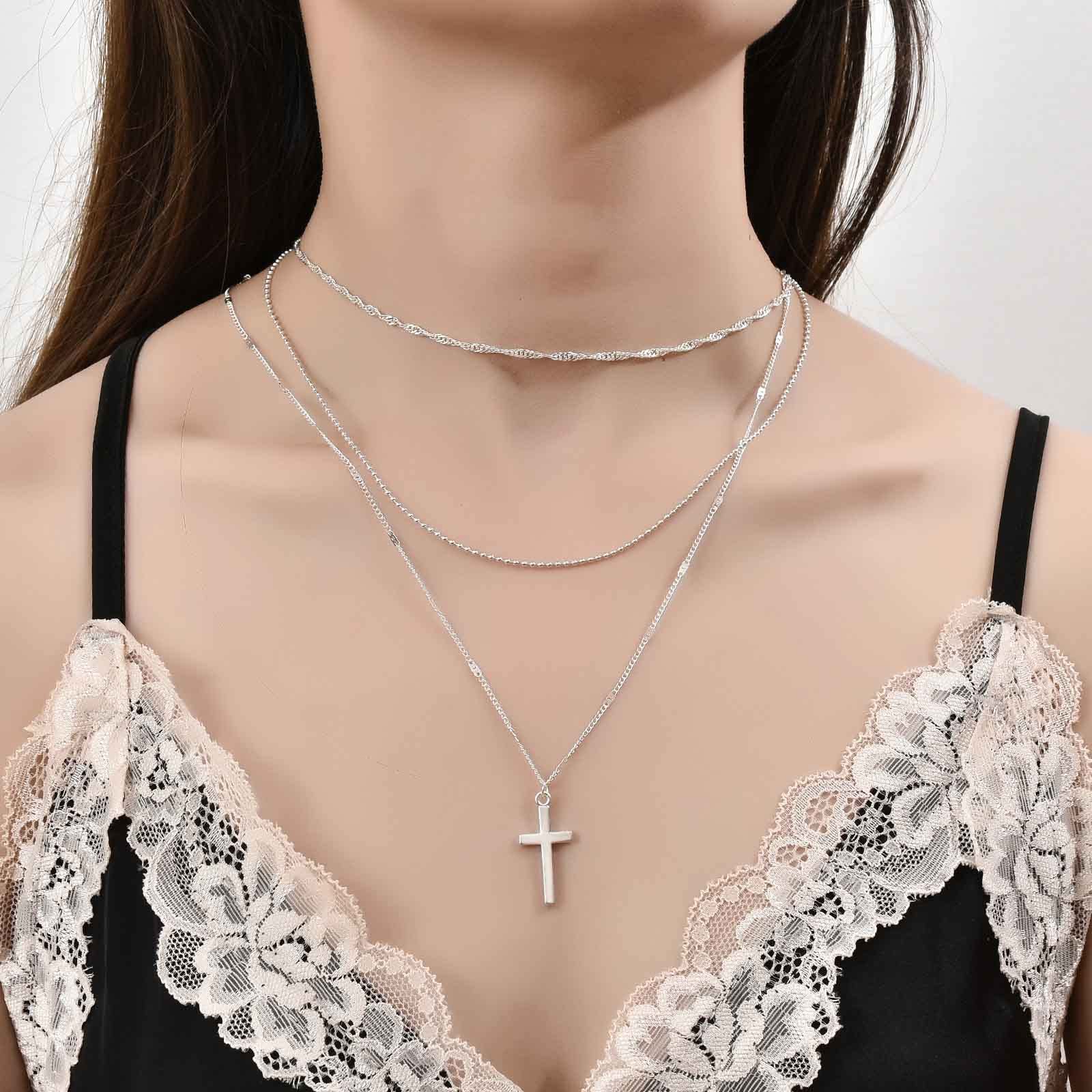Yienate Fashion Cross Multi-Layered Necklace Chain Choker Lucky Cross Pendant Silver Necklace Charming Layered Jewellery Gift for Women and Girls