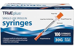 TRUEplus Single-Use Insulin Syringes, 30G 0.5cc 5/16 Inch Needle Length, 100 Count (10 Packs of 10)