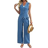 heipeiwa Women's 2 Piece Sets Denim Outfits Soft Lightweight Vest Waistcoat Casual Dressy Jean Suits Pants Sets