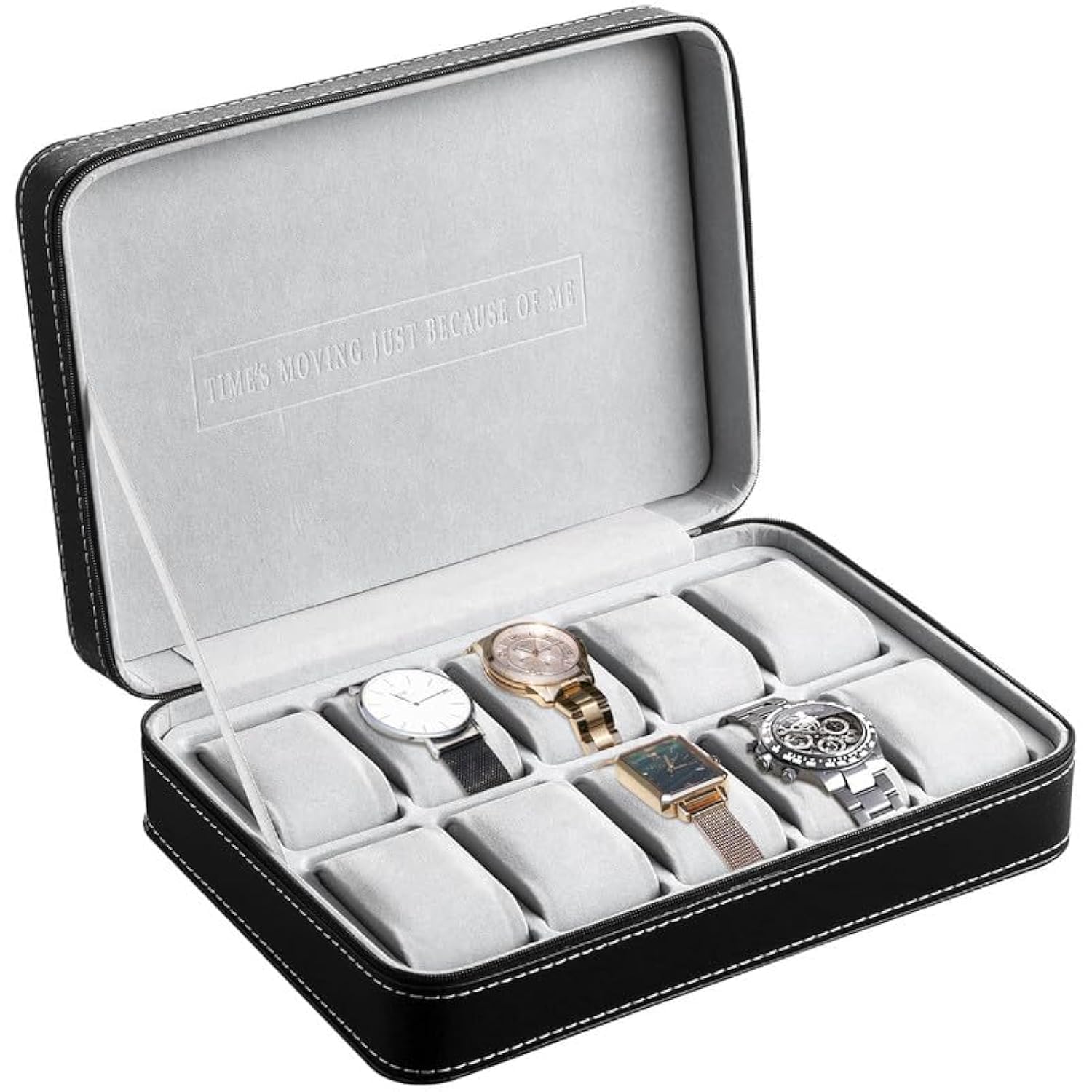 OSVINO Watch Box 10 Slots, Zippered Watch Case with Removable Watch Pillows, PU Leather Watch Storage Box, Jewellery Display Organiser, Gift for Him Her Mother's Day Birthday
