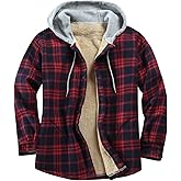 Derbars Men's Cotton Plaid Shirts Jacket Fleece Lined Flannel Shirts Sherpa Button Down Jackets with Hood for Men