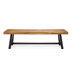 GDF Studio 300496 Colonial Outdoor Sandblack Finish Acacia Wood & Rustic Metal Bench, Brown