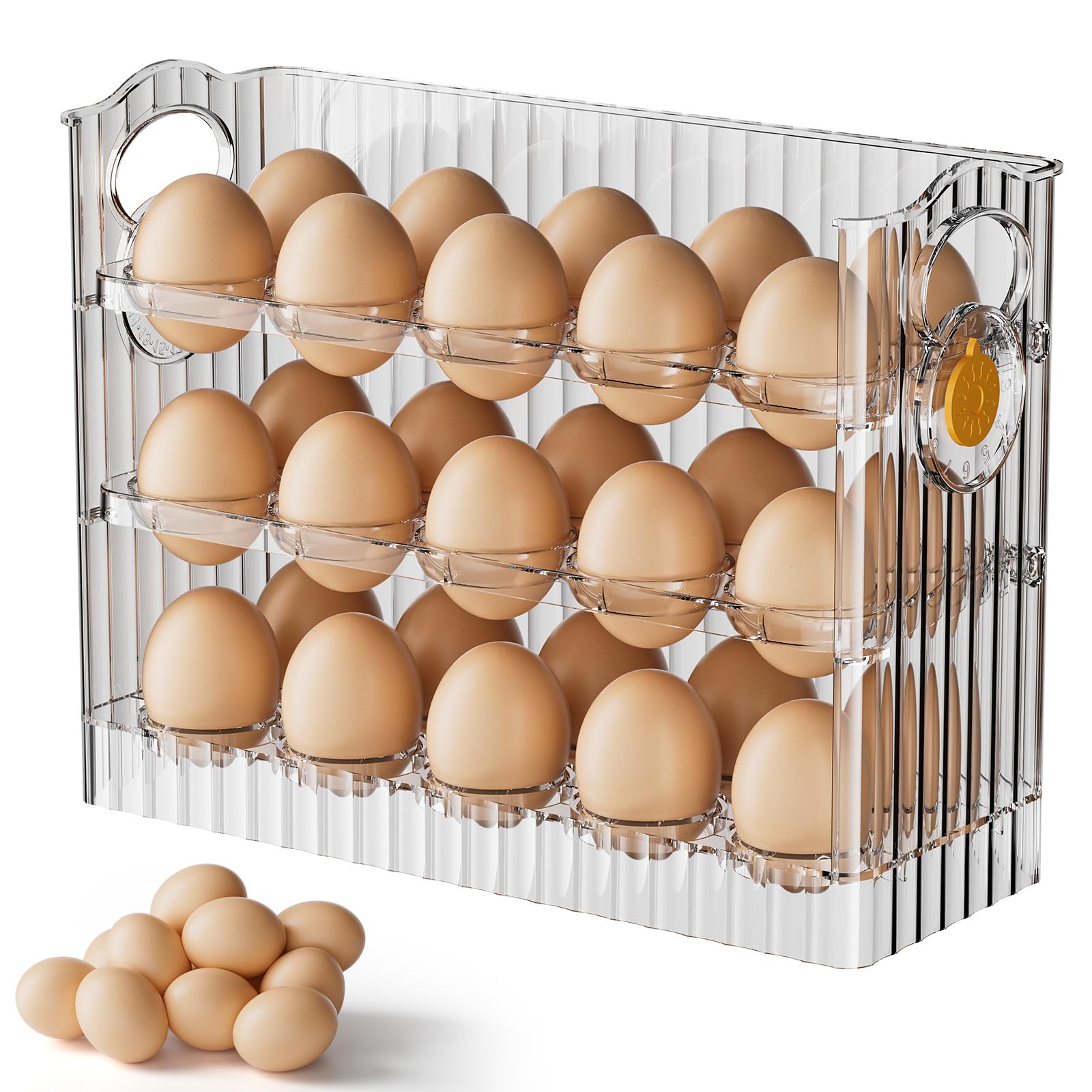 Photo 1 of Egg Holder for Fridge, 3 Tiers Egg Organizer for Refrigerator, Eggs Holder Countertop with Timers, Space-Saving Eggs Dispenser for Refrigerator, 30 Eggs Container for Refrigerators