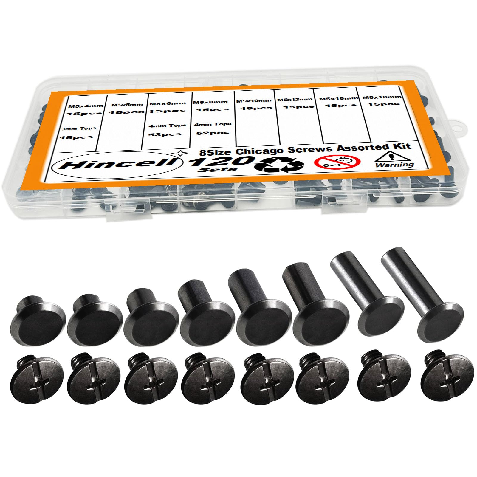 Photo 1 of 120sets Chicago Screws Kit, 8 Sizes Screw Rivets Gunmetal Black Chicago Binding Screws for DIY Repair Leather Craft Belt Bag Shoes Purse Bookbinding (M5*4,5,6,8,10,12,15,18) (Gunmetal Black)