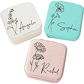 Corissy Personalized Jewelry Box for Women, Custom Travel Jewelry Case with Name and Birth Flower, Leather Jewelry Box for Rings, Earrings, Necklaces, Personalized Gifts for Women