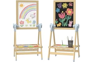 Qaba Wooden Art Easel for Kids, Double Sided Kids Easel with Height Adjustable Chalkboard and Magnetic Whiteboard, Paper Roll
