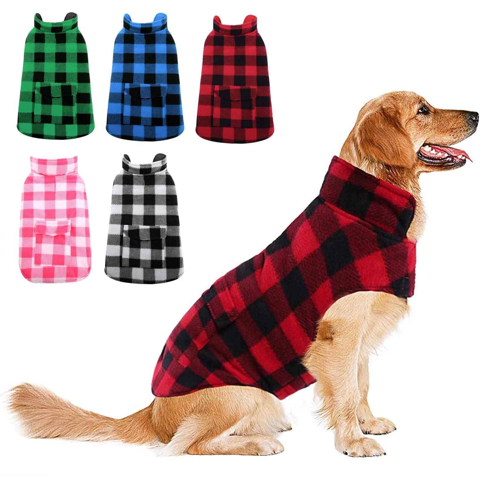 Photo 1 of ASENKU Dog Winter Coat, Fleece Doggie Jacket Plaid Reversible Vest Waterproof Windproof Cold Weather Clothes for Small Medium Large Dogs(L,Red)