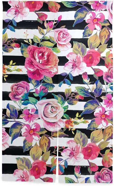 Amazon のれん かわいい春の花とストライプ柄 暖簾 ロング 遮光 のれん 玄関 キッチン リビング 飲食店 出入り口 幅86cm 丈143cm 突っ張り棒付き のれん オンライン通販