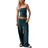 Ceputer Women’s 2 Piece Sets Striped Summer Matching Outfits Strapless Crop Tube Top and Wide Leg Pants Lounge Set