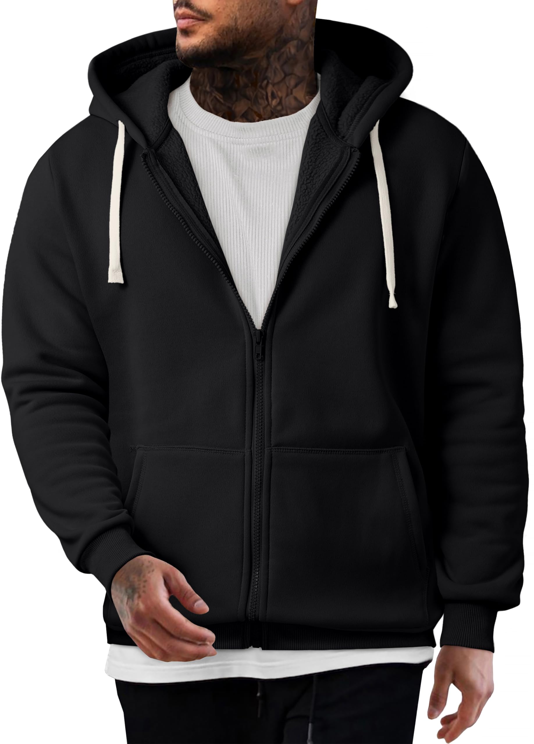 Photo 1 of JMIERR Men Fleece Zip Collar Hooded Pullovers with Pockets Mens Sweatshirt Casua Fall Long Sleeve Shirt Tops Sweater for Men, US43(L), Black