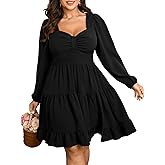 SCOMCHIC Women's Plus Size Dresses Cocktail Long Sleeve Sweetheart Neckline A Line Boho Cute Flowy Fall Mini Short Dress