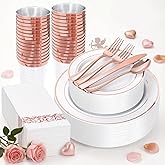 Supernal 200pcs Rose Gold Plastic Dinnerware included Disposable Flatware& Plastic Party Plates Disaposable Cups and Napkins,Perfect for Valentine's Day Mother's Day and Easter