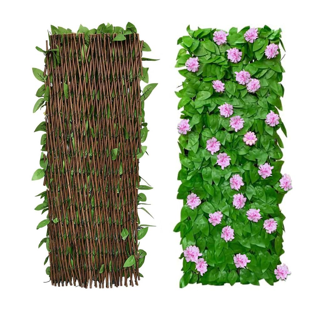 2Pcs Artificial Leaf Screening, Expandable Fence Privacy Screen for Balcony Patio Outdoor,Decorative Faux Ivy Fencing Panel,Artificial Hedges 40x200cm- Expanded (Pink Flowers)