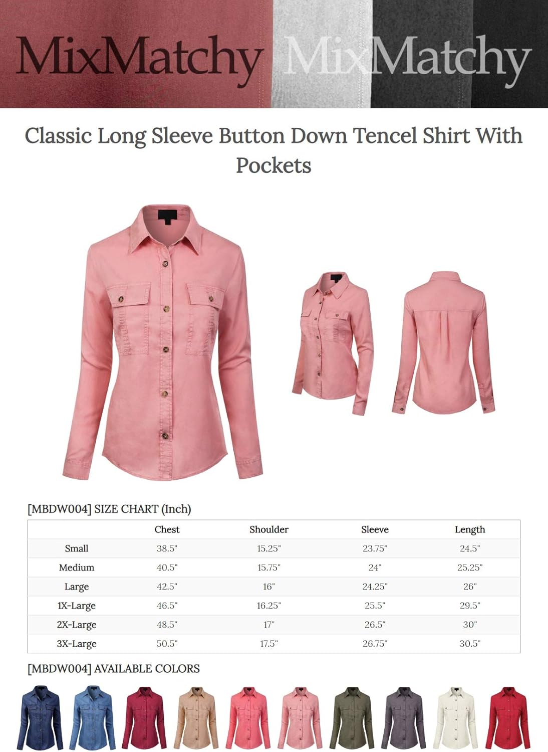 MixMatchy Women's Classic Long Sleeve Button Down Tencel Shirt with Pockets: Clothing