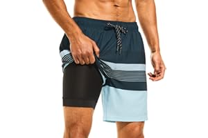 HODOSPORTS Mens Swimsuit Trunks 7" Quick-Dry Swim Shorts with Compression Liner and Zipper Pockets