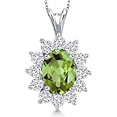Gem Stone King 8X6MM Oval Gemstone Birthstone Necklace | 925 Sterling Silver | Halo Pendant Necklaces for Women | With 18 Inch Silver Chain