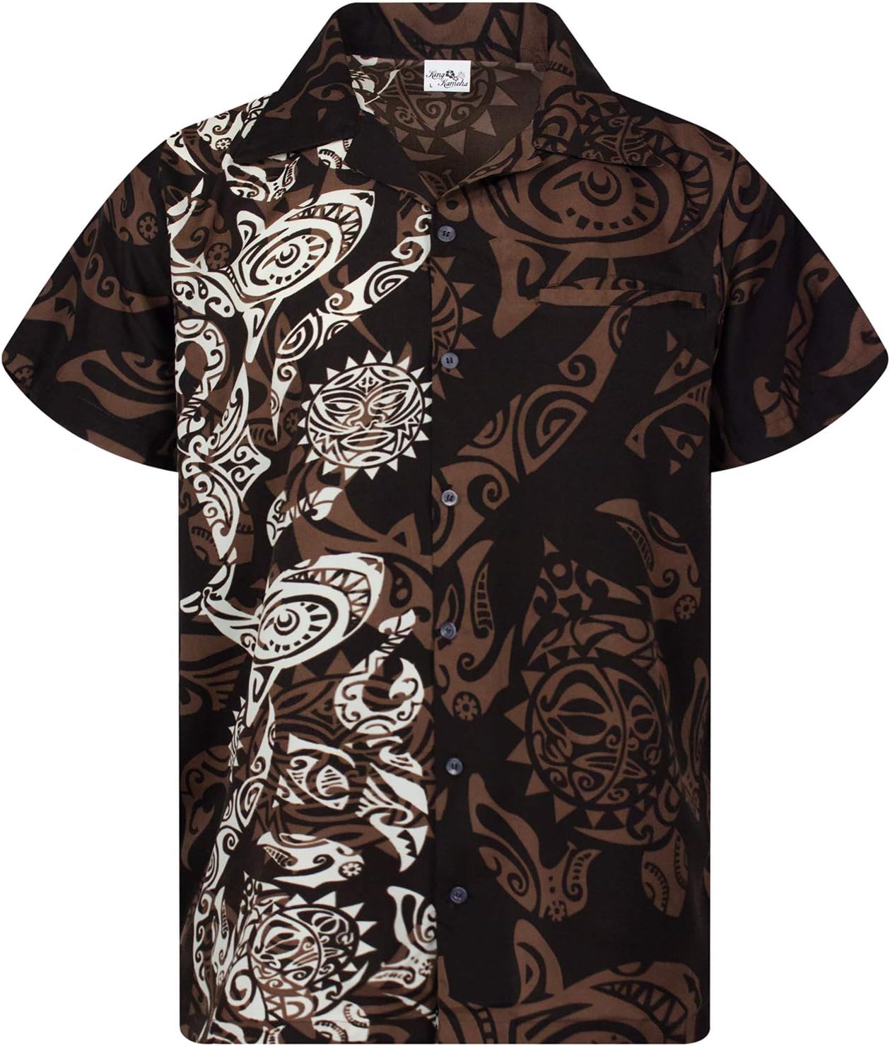 KING KAMEHAFunky Hawaiian Shirt, Shortsleeve, Maori Wedding, Brown, XL
