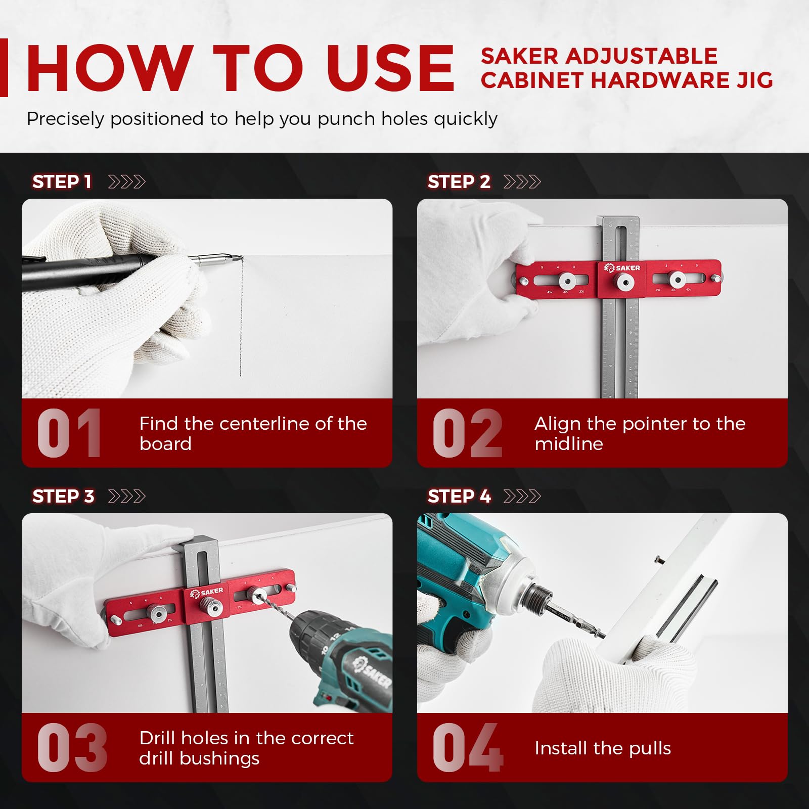 Saker Cabinet Hardware Doweling Jig,Adjustable Cabinet Template Tool for Knobs,Handle and Pull,Self Centering Punch Locator Precise Woodworking Drill Guide for Drawer Installation