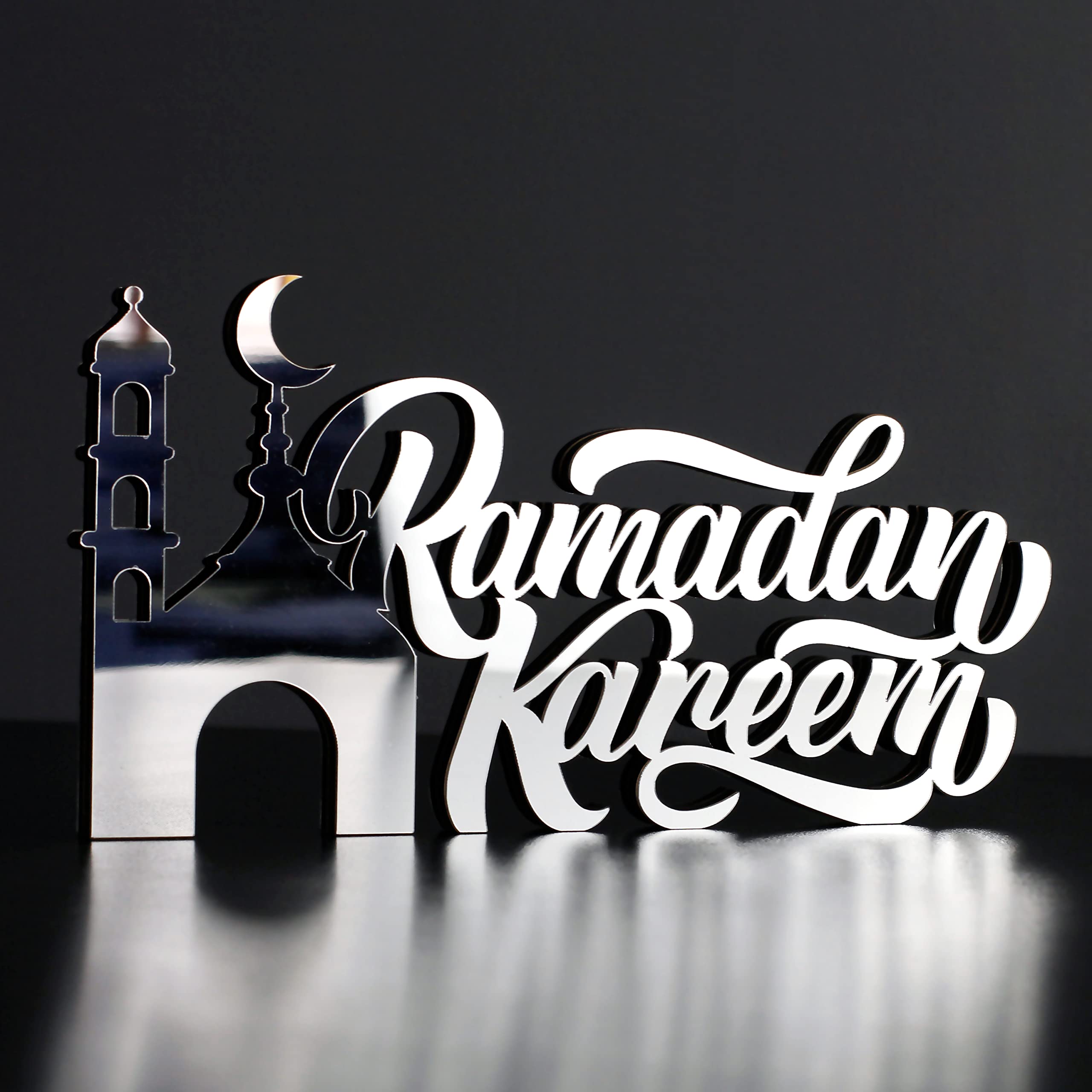 IWA CONCEPT | Wooden Acrylic Islamic Tabletop Decors | Ramadan Kareem and Eid Mubarak Decoration | Islamic Muslim Gifts | Ramadan Eid Decoration | (Ramadan Kareem-3, Silver)