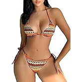 Falainetee Women's Boho Geo Print Cute Bathing Suit High Waisted Halter Tie Back Swimsuit Bikini Set