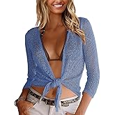 Nulibenna Womens Sheer Shrug Sweaters 3/4 Sleeve Open Front Tie Cardigan Bolero Jacket Lightweight Crochet Knit Cover Up Tops