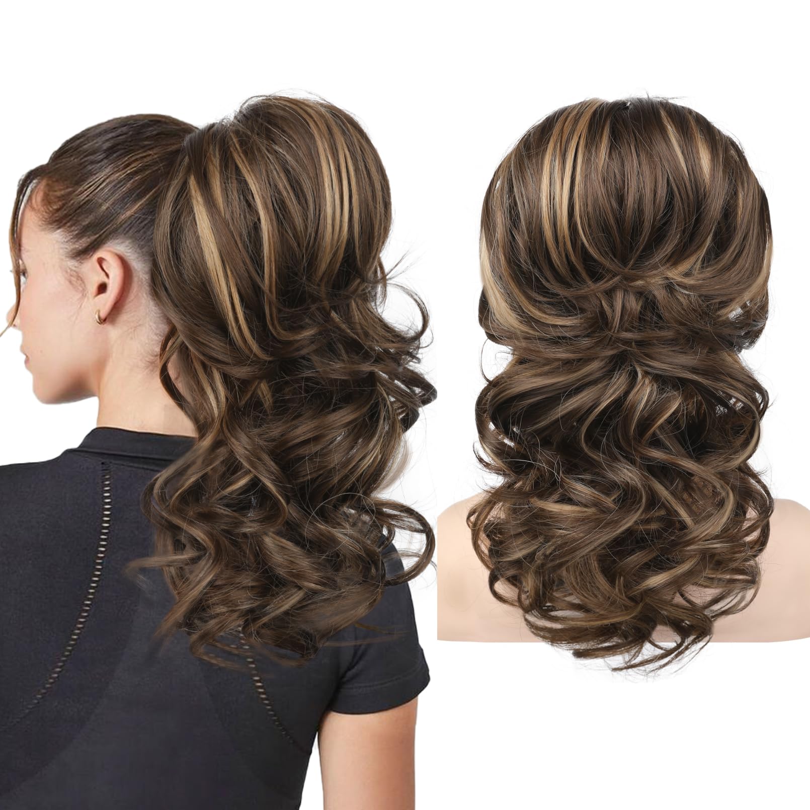 Photo 1 of SEIKEA Ponytail Extension, 18" Long Wavy Curly Drawstring Ponytail Multi-layered Fluffy Thick Clip in Hair Extensions Natural Soft Synthetic Hairpiece Chocolate Brown with Highlights