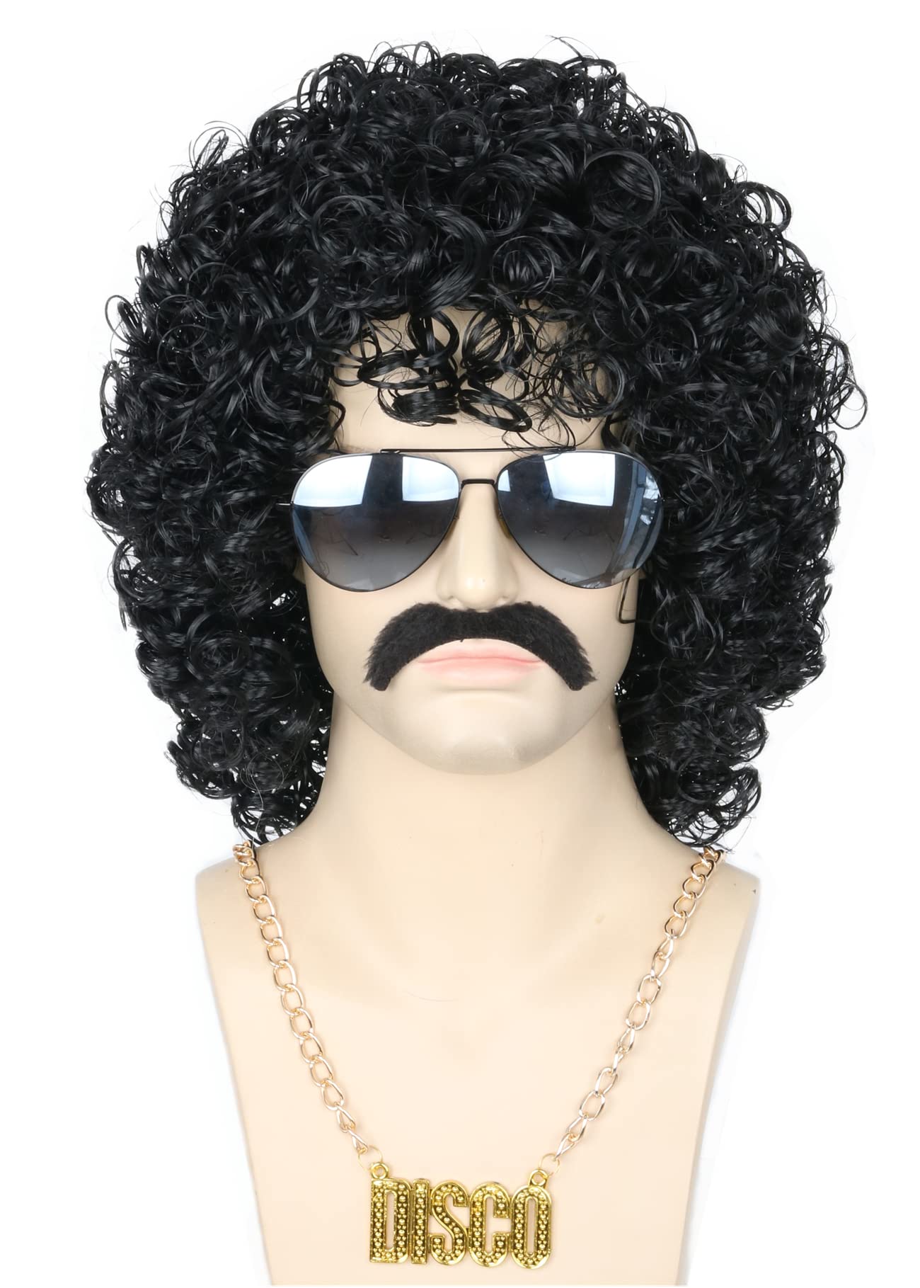 Topcosplay 3 PCS Men's Wig 70s 80s Disco Dude Dirt Bag Wigs & Moustache Necklace Short Curly Afro Shaggy Wigs Blonde Mixed Black (Black Wig)