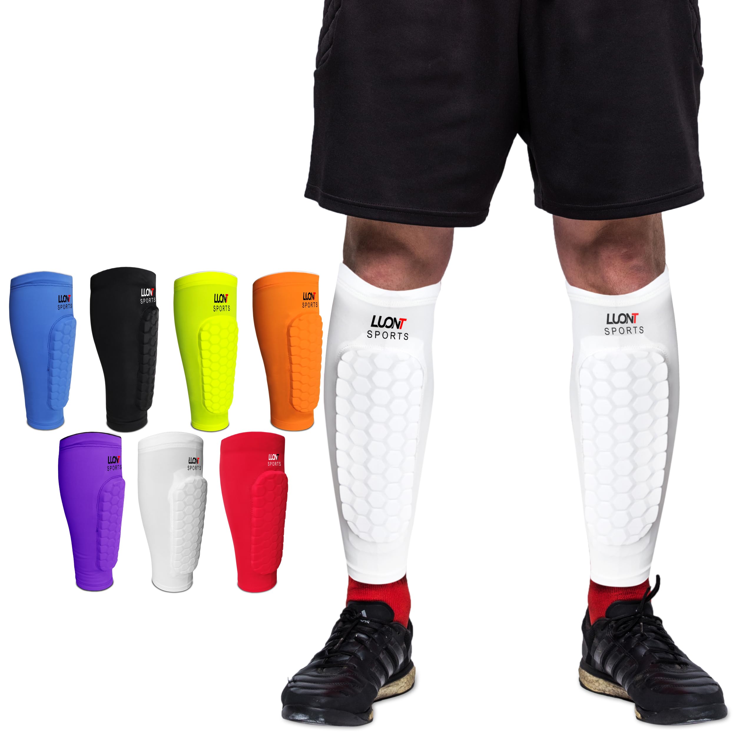 LUONT - Soccer Shin Guards for Men, Women & kids | Protective Football Soccer Pads with Superior Impact Absorption, Breathable, & Lightweight | Football Shin Guards Sleeves (XS, White)
