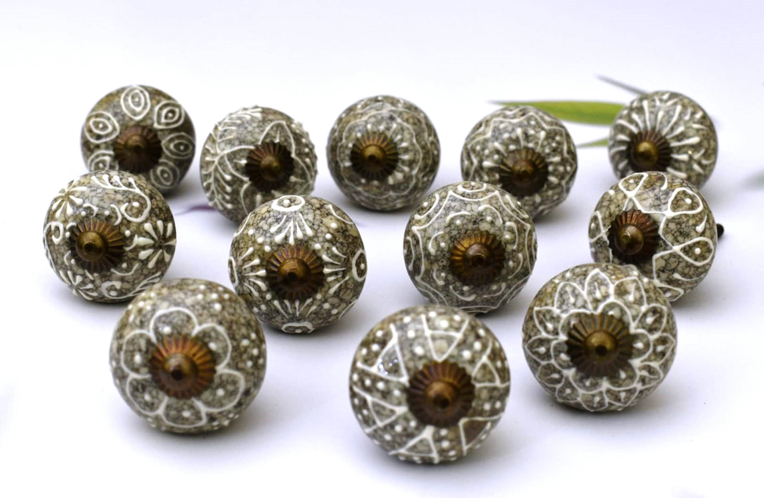 ARTISNO 12Pcs Grey and White Hand Painted Ceramic Knobs for Cupboard Door Drawer Furniture Handles for Kitchen Bathroom Cabinet Dresser Handmade Pottery Decorative Knobs — image 1