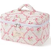 MZLUWM Large Travel Quilted Makeup Bag,Cute Bow Cotton cosmetic bag, Fashionable aesthetic makeup bag,Coquette Aesthetic Floral Travel Toiletry Bag for Women and Girls