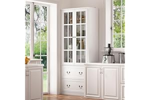 MOUMON Pantry Cabinet Kitchen Storage Cabinet with 2 Drawers & Glass Doors, Kitchen Pantry with Adjustable Shelves, Pantry and Kitchen Storage White (31.5”W x 15.7”D x 78.7”H)
