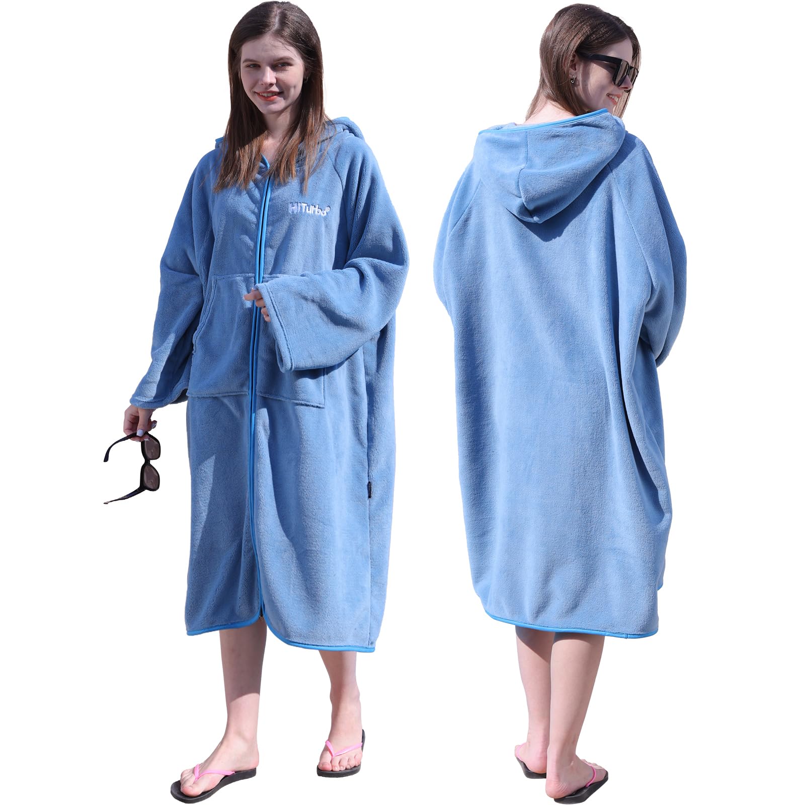 Photo 1 of Hiturbo Surf Poncho Zipper Towel Hoodie: Oversized Hooded Wetsuit Changing Robe with Pocket - Plush Coral Fleece Swimwear for Home Beach Pool Bath - Blue