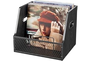 Vfelf Vinyl Record Storage with Separators, Record Storage Box for 7/10/12 inch 60+ Vinyl Records Organizer Cases Wood Crate 