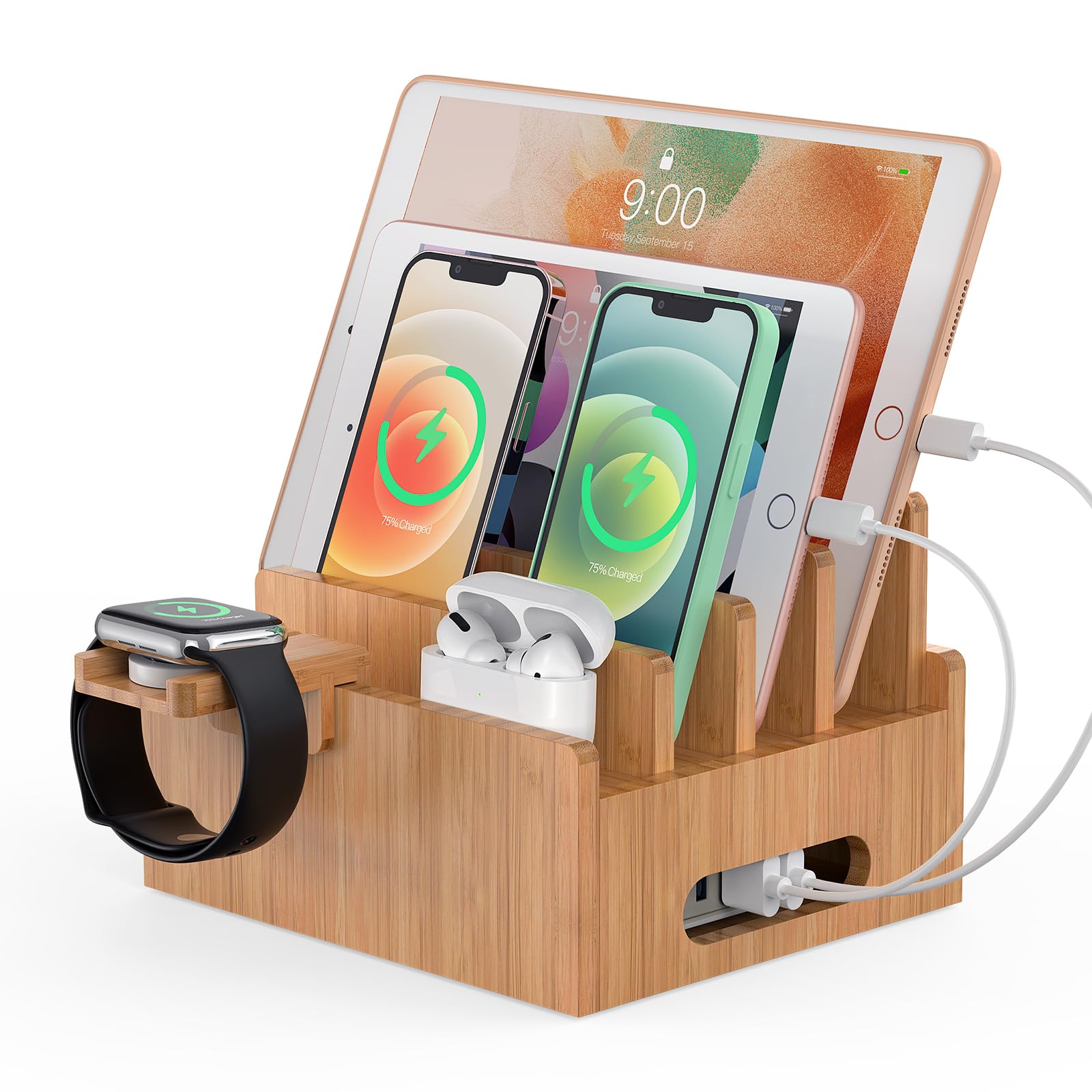 Bamboo Charging Stations Rack, for Multiple Devices, Desktop Docking Station Organizer, for Cell Phones, Tablet, Smart Watch & Earpods Stand (No Charge Adapter)