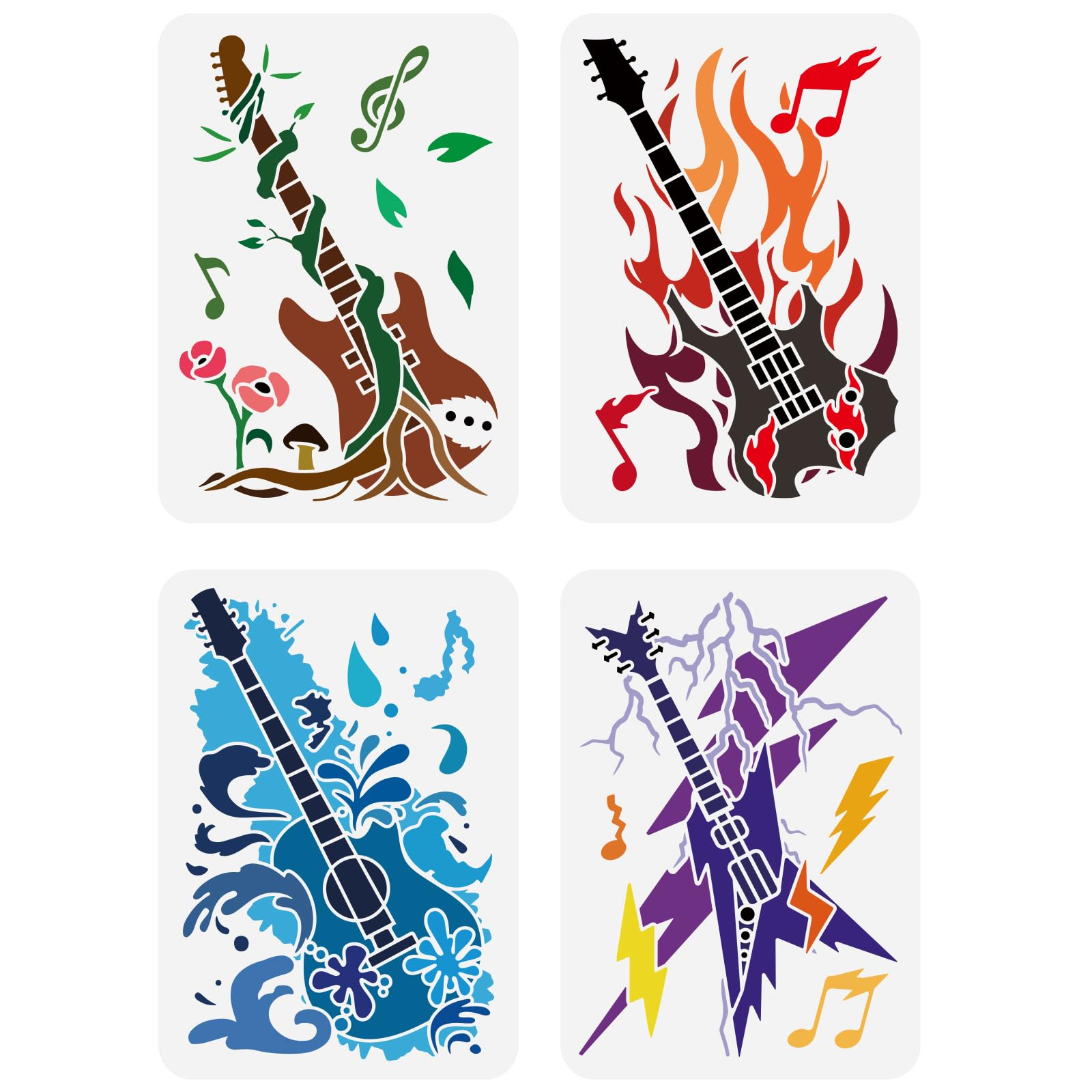 FINGERINSPIRE 4 pcs Electric Guitars Stencil 21x29.7cm Reusable Rock Guitars Painting Template Rock Music Decor Stencil Fire Water and Lightning Stencil for Painting on Wood Wall Furniture