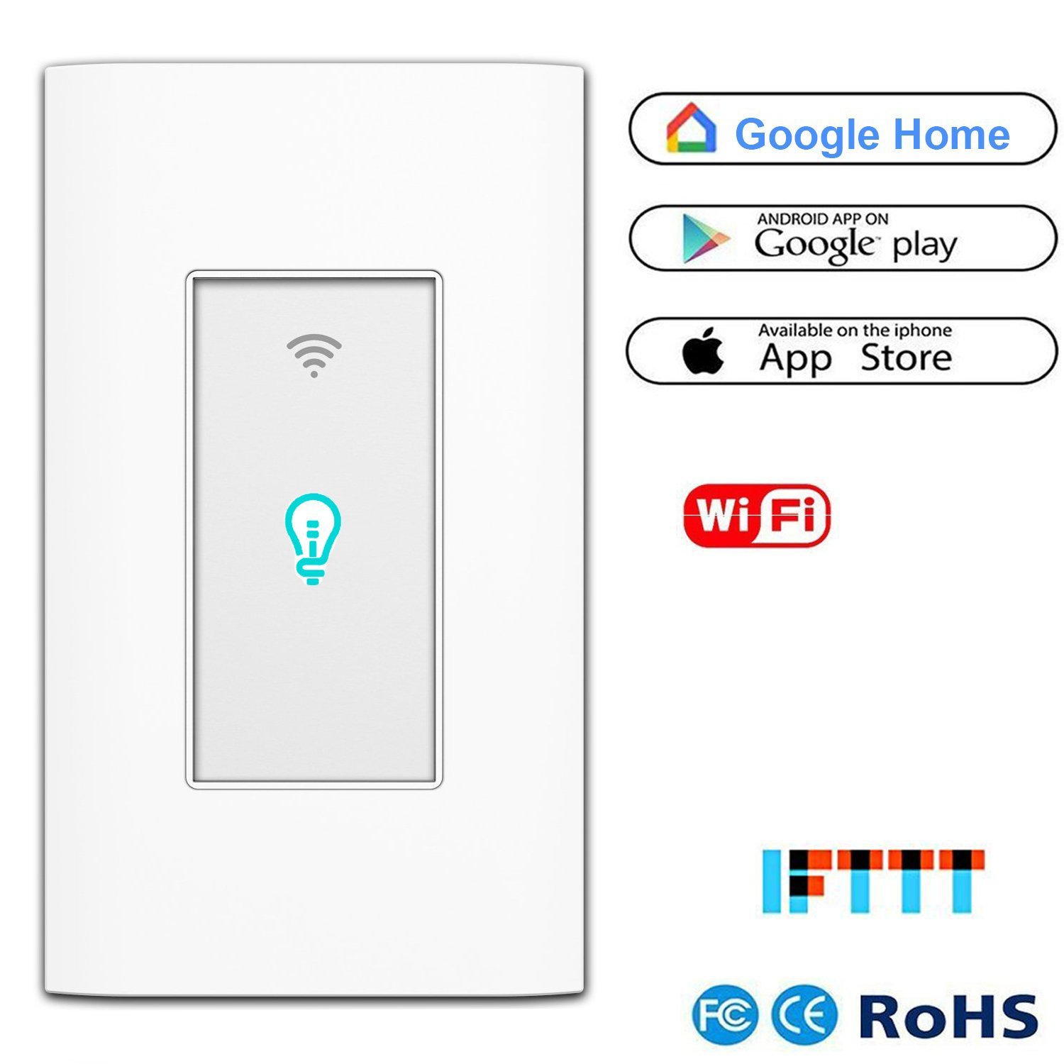 Smart Light Switch, WiFi Wall Wireless Touch Switch Compatible with Amazon Alexa and Google Home, Remote Control Lights and Appliances Timing Function, Overload Protection, No Hub Required