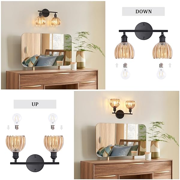 SHENMOYL BATHROOM LIGHT FIXTURES, 2-LIGHT BLACK VANITY WALL LIGHT OVER MIRROR WITH AMBER TULIP GLASS SHADE FOR BEDROOM LIVING ROOM (BULB NOT INCLUDED)