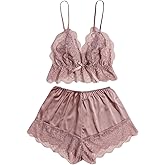 Floerns Women's 2 Piece Sleepwear Lace Sleeveless Bow Cami Top Stain Shorts Sweet Pajama Set