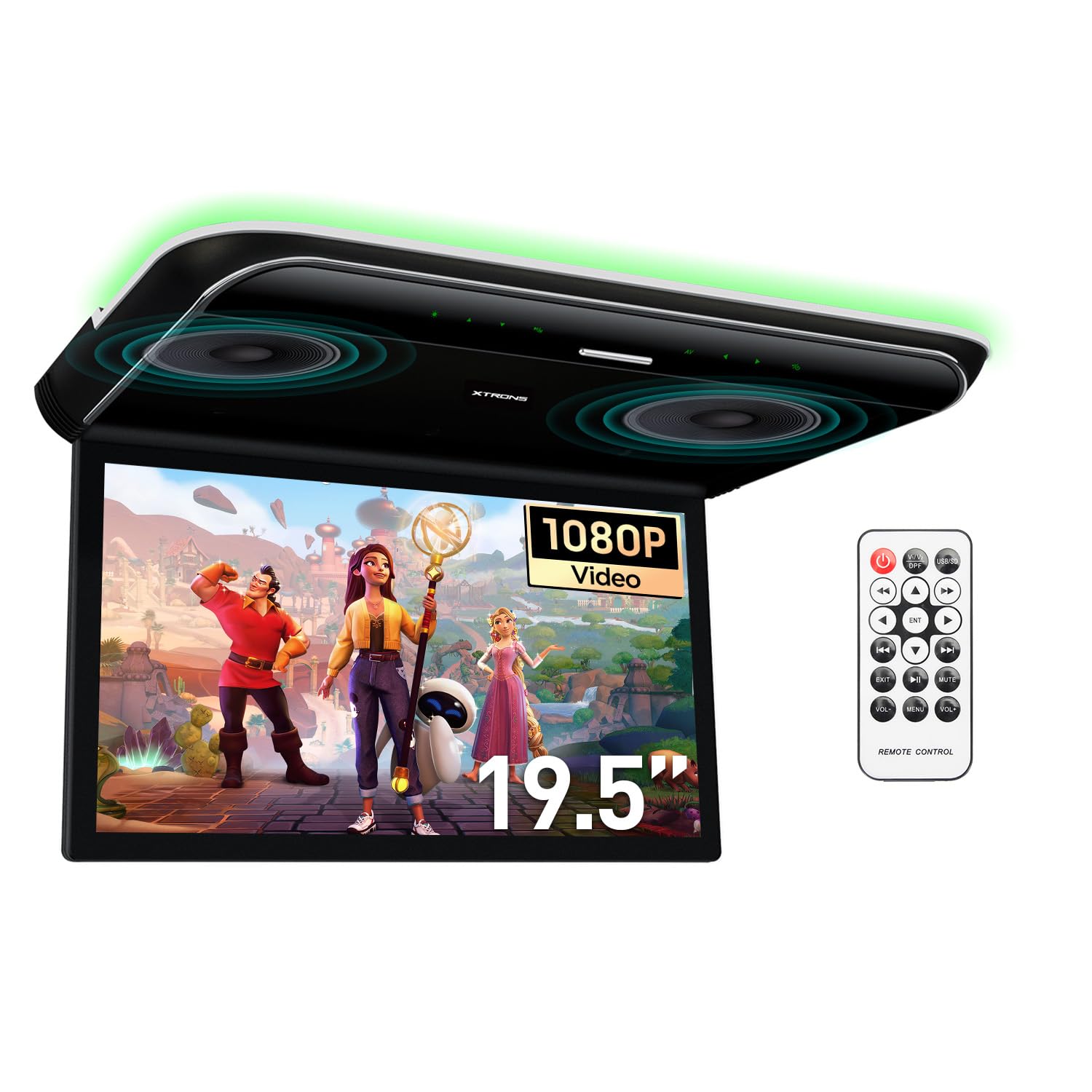 XTRONS 19.5“ HD Digital TFT 16:9 Screen Car Overhead Video Ultra-Thin Car Roof Mounted Player with Built-in HDMI/AV/USB Speakers and Colourful Aura Light (CM195HD)