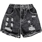 Floerns Girl's Ripped Raw Hem Elastic Waist Straight Leg Denim Shorts with Pockets