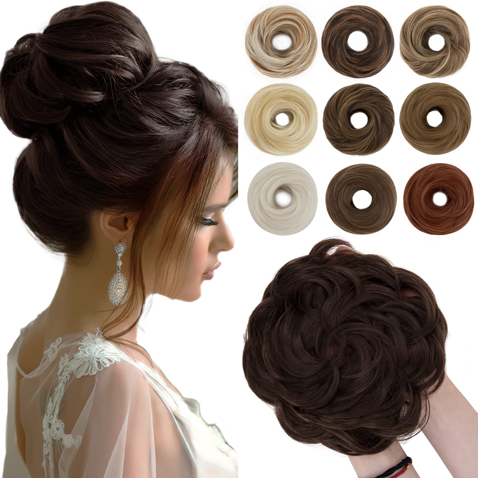 SEGO 55g Messy Bun Fluffy Tousled Updo Scrunchies Synthetic Thicker Hair Bun Hair Piece For Women Donut Easy Bun Hairpiece, Medium Brown, 1 Count