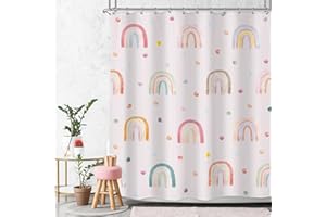Ufeela Girls Boho Rainbow Shower Curtain 60Wx72L Inch Kids Pink Polka Dots Cartoon Cute Watercolor Aesthetic Colorful Shower Curtain Bathroom Set Pretty Bath Curtain Bathtub Accessories Home Decor