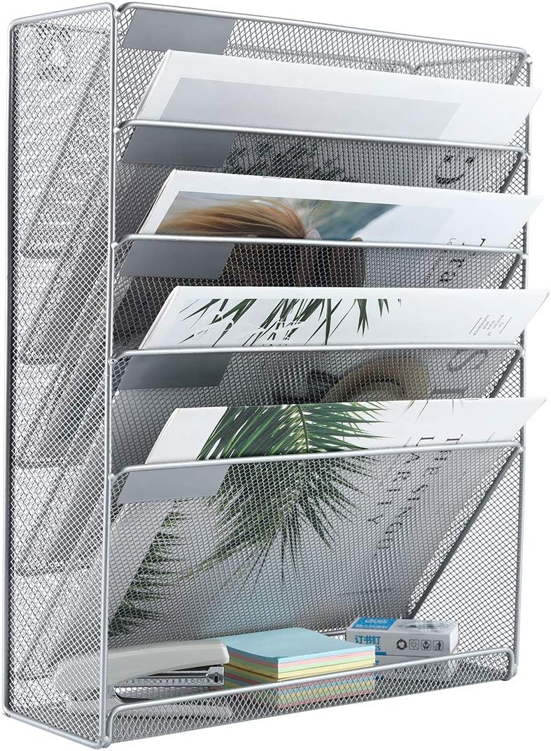 EasyPAG Mesh Wall File Holder 5 Tier Vertical Mount Hanging Organizer with Bottom Flat Tray, Silver : Office Products