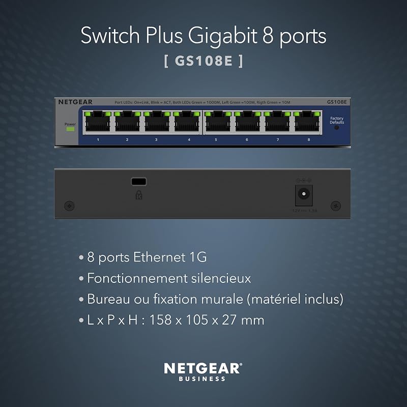 (GS108EV4) Switch Ethernet 8 Ports RJ45 Métal Gigabit (10/100/1000),Manageable Serie Plus, Métal, Silencieux , Protection ProSAFE, Garantie à Vie Parfait pour Les PME et TPE
