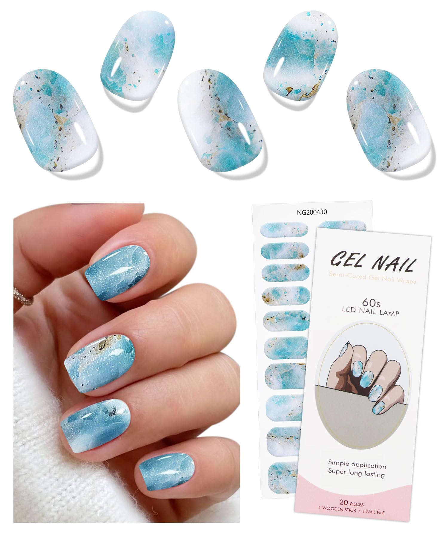 JMEOWIO Gel Nail Stickers Blue Marble Semi Cured Gel Nail Strips Wraps UV/LED Nails Art Design Decoration Accessories