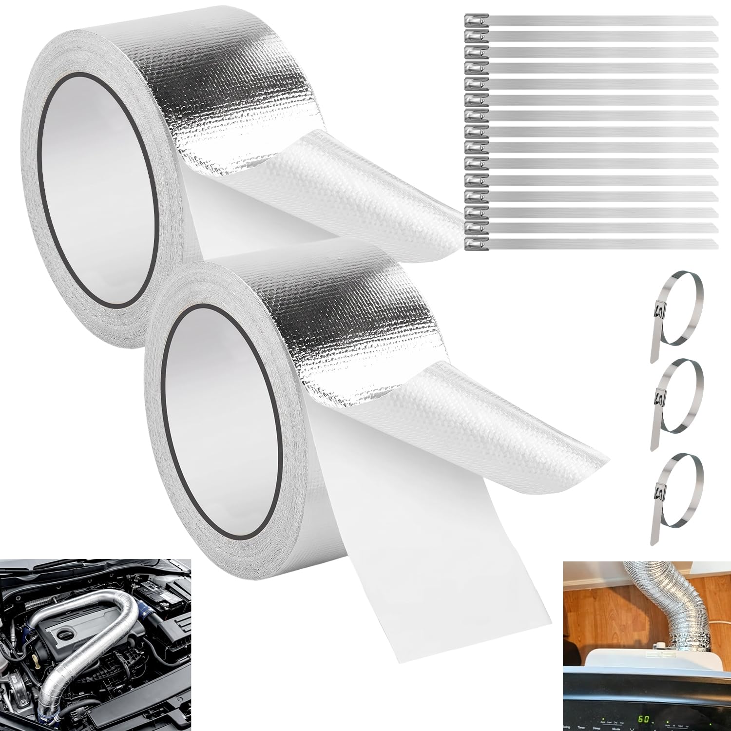 2 Rollen Hitzeschutzband Auspuff Selbstklebend 10m X 5cm mit 15 Stück Edelstahlkabelbinder, Aluminium Klebeband Hitzebeständig , Auspuffband Auspuffbandage Reparaturset für Auto Motorrad Krümmer