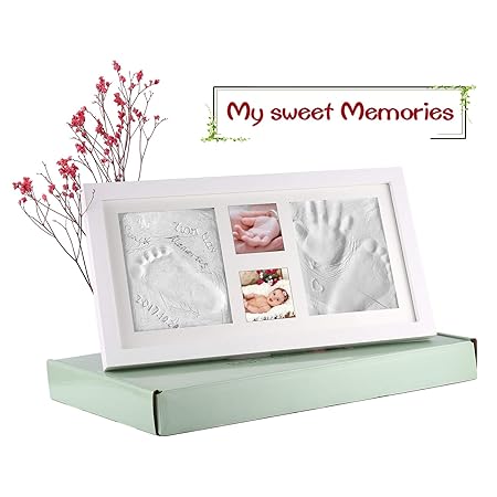 Baby Abdruckset Handabdruck und Fußabdruck Holz Bildrahmen mit Gipsabdruck für Neugeborene Baby Dusche oder Taufe Geschenk Größe 41x23x2cm(weiß)