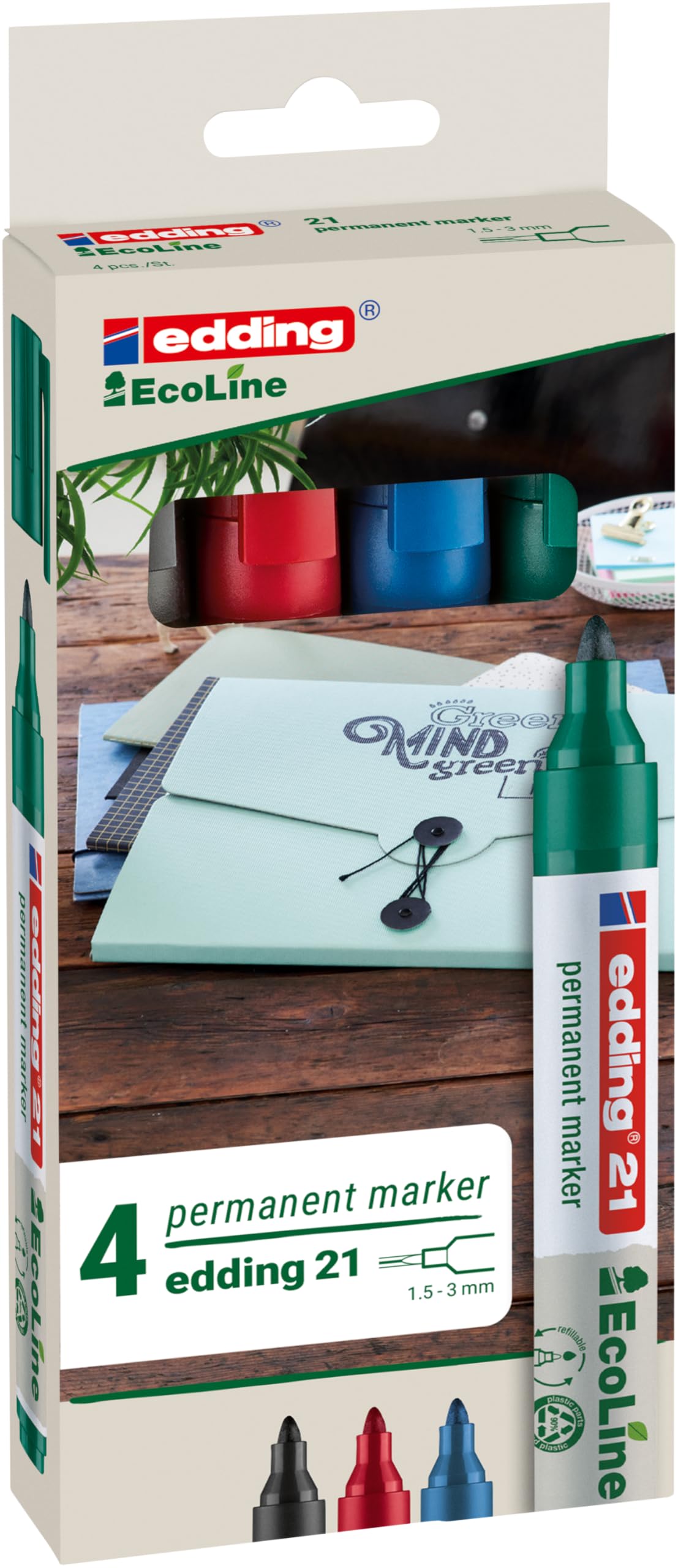 edding 21 EcoLine permanent marker set - black, red, blue, green - 4 pens - round nib 1.5-3 mm - waterproof, quick-drying, smear-proof pens - for cardboard, plastic, glass, wood, metal and fabric
