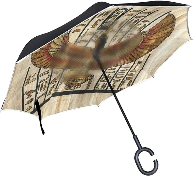 Retro Ancient Egyptian Parchment Inverted Umbrella,CShaped Handle Windproof UV