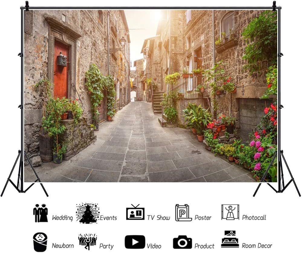 10x7ft Beautiful Italy Old Town Vinyl Photography Backdrop Idyllic Alleyway Rustic Stone House Green Plants Flowers Artistic Personal Portraits Wedding Photo Studio Postcard Spring Scenic Photo Backgrounds Lighting Studio Waterfordcounseling Com